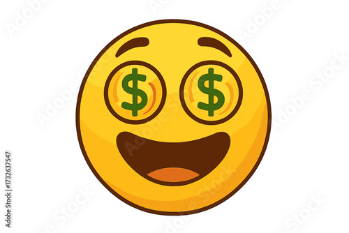 Money-eyed emoji hypnotized by wealth. Vector smiley with dollar sign eyes. Concept for greed, lottery win, profit, success, business, finance, jackpot, richness, earning.