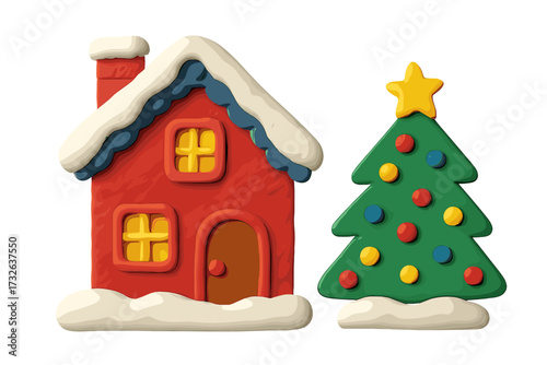 Christmas house and tree in 3D plasticine style. Winter holiday scene with cute cartoon clay toy models. Festive red home with snow and decorated Xmas fir tree. Isolated vector.