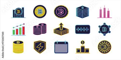 Cryptocurrency and Blockchain Technology Vector Icon Set with Bitcoin Symbols for Financial and Fintech Graphics
