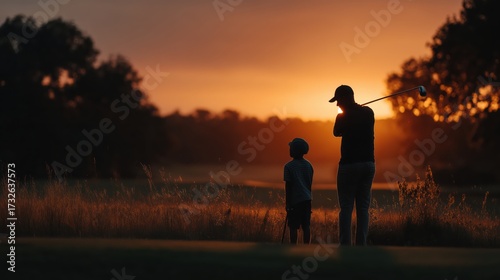 Capturing the sunset swing at the golf course with a young golfer observing the perfect moment