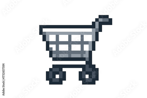 Pixel art shopping cart icon for e-commerce. Retro 8-bit video game style symbol for online store, web shop button. Buy, purchase, add to cart concept. Vector illustration.