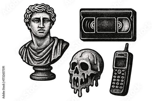 Y2K elements set with retro photocopy grain texture. Trendy grunge collection with antique statue, video cassette, melting skull, old cellphone. Nostalgic 90s vector assets.