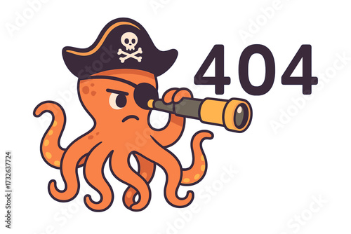 Funny 404 error page not found concept. Vector flat illustration of a pirate octopus with a telescope. Character searching, UI UX design element for website connection problem.