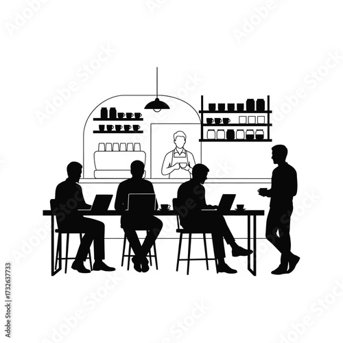 Silhouettes of people working on laptops and drinking coffee in a modern cafe with a barista