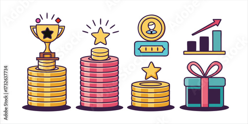 Gamification and Rewards Vector Icon Set with Trophy Coins and Achievement Badges for Customer Loyalty
