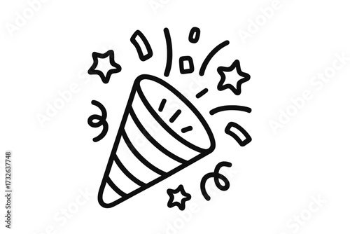 Confetti popper line icon. Vector party celebration symbol. Exploding popper with confetti and stars. Line art illustration for birthday, new year, anniversary, holiday design.