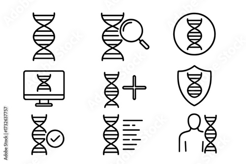 DNA and genetics thin line icon collection. Gene research, medical test, genome analysis, biotechnology, genetic protection. Science and medicine vector outline pictogram set.