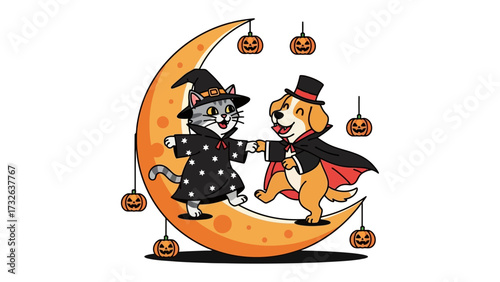 Halloween Duo: A whimsical illustration of a playful dog and cat dressed in Halloween costumes, dancing on a crescent moon, surrounded by decorative pumpkins, exuding festive joy and merriment.