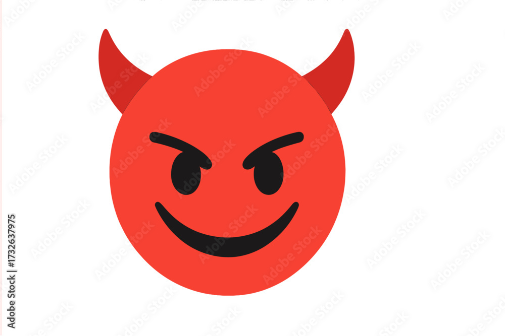 Fototapeta premium Devil emoji vector icon. Diabolical red face with horns. Evil smiley character. Mischievous emoticon. Satanic symbol for bad behavior, sin or temptation. Isolated cartoon.