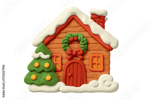 Gingerbread house Christmas clay 3D icon. Winter holiday home plasticine illustration. Festive cartoon sweet dessert with snow, tree and wreath. New Year food art design element.
