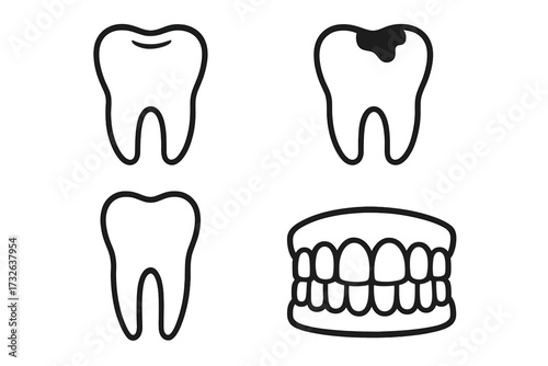 Tooth icon set with healthy molar, caries and decay. Dental care symbol collection. Jaw and dentition line art illustration. Simple vector for web, app, dentist clinic.