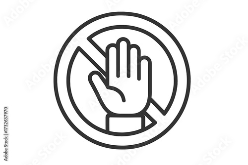 Stop hand icon in a crossed-out circle. Do not enter symbol. Forbidden vector sign. No entry, access denied. Warning prohibition gesture. Restriction pictogram linear style.