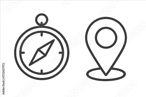 Navigation icons with compass and location marker. Vector line art for travel, direction, and exploration. Symbol set for maps, GPS, destination, journey, and finding a route.