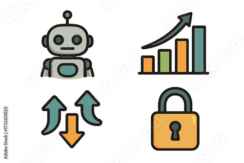 Fintech icon set with robot for AI automation, chart for growth analytics, arrows for trading volatility, and lock for cybersecurity. Vector concepts for finance and technology.