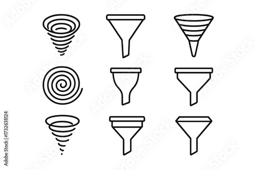 Filter and vortex line icon set. Funnel, spiral, and tornado outline symbols. Data sorting, sales funnel, and conversion process concept for web, UI, UX, and app design.
