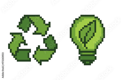 Recycling symbol and eco light bulb with leaf in pixel art style. Vector icon set for green energy, sustainability, ecology. 8-bit retro gaming graphic for environment and waste.