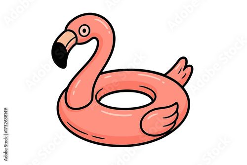 Inflatable pink flamingo swimming pool float ring. Tropical summer bird buoy for vacation and water fun. Rubber swim toy for kids isolated vector graphic illustration concept.