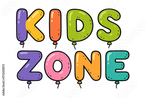 Kids Zone lettering quote. Colorful helium balloon letters font. Fun typography for children's playroom, party banner, or playground sign. Vector cartoon illustration isolated.