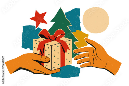 Merry Christmas gift giving vector illustration. Hand sharing holiday present box with red bow. Retro collage art with halftone texture. Charity and generosity concept banner.