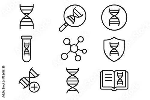 DNA icon set. Genetics and biotechnology concepts. Gene research, genetic engineering, biology science. Helix, chromosome, lab analysis, heredity. Thin line vector icons.