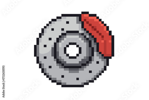 Brake disc pixel art icon. Car part symbol. Vector illustration of an automobile brake system with caliper and rotor. Automotive service, repair, and tuning concept. 8-bit.