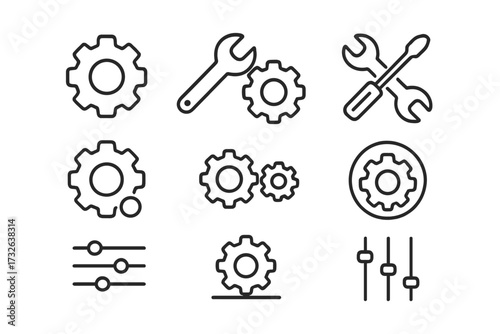 Settings icon set. Mechanism and tools. Gear, cogwheel, wrench, screwdriver. Concept of repair, maintenance, configuration, options. UI UX web app symbol. Vector line icons.