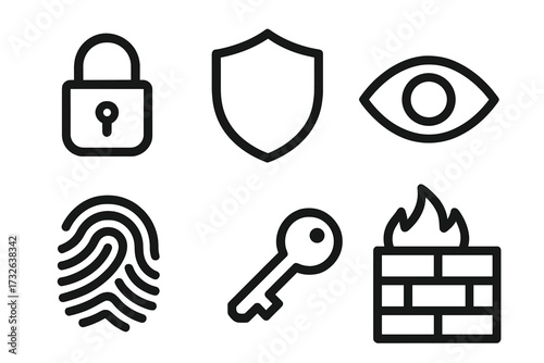 Security icon set for cyber safety and data protection. Minimalist line art with lock, shield, eye, fingerprint, key, and firewall symbols. Concepts for privacy and authentication.