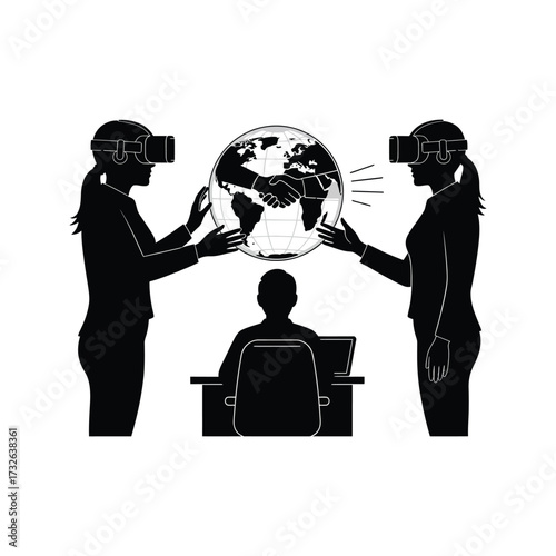 Virtual reality business meeting connecting global partners with a handshake in the metaverse