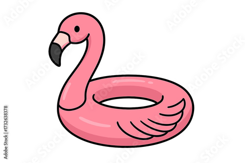 Inflatable flamingo swimming pool ring. Pink bird float for summer vacation. Tropical water fun toy for beach or pool party. Rubber lifebuoy object isolated. Vector illustration.