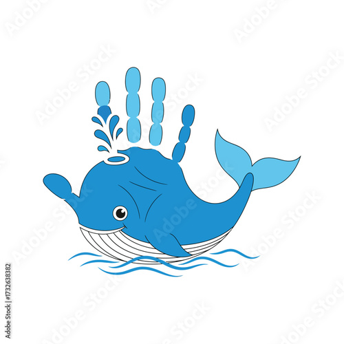 Whimsical blue whale with a handprint spout spraying water in the ocean