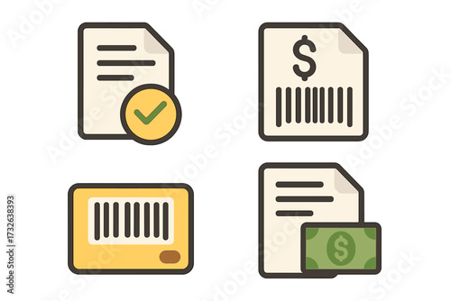 Invoice management icon set. Flat vector cartoon illustration. Financial document, payment processing, billing, and accounting symbols. Barcode scanner and money concepts.