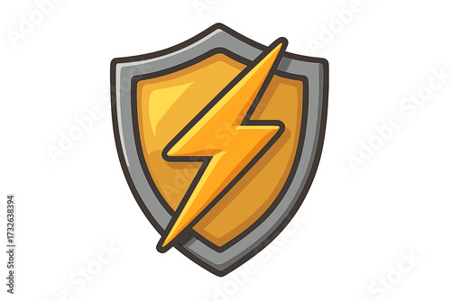 Power shield icon. Lightning bolt. Protection, security concept. Flash charge symbol. Electric energy, voltage. Vector cartoon logo for game, app. Secure, defense emblem.