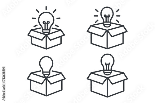 Thinking outside the box icon set. Light bulb emerging from an open package. Metaphor for a new idea, innovation, creativity and a solution. Unboxing inspiration concept.