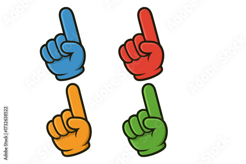 Number 1 fan foam finger vector set. Collection of colorful hand gloves for sports supporters. Mascot gesture for victory, cheering, and championship. Team spirit concept.