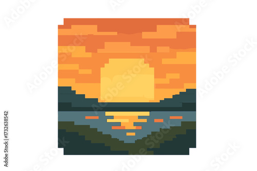 Pixel art sunset over a lake. 8-bit video game vector landscape. Retro sunrise scenery with mountains and water reflection. Digital nature background. Orange sky at dawn.