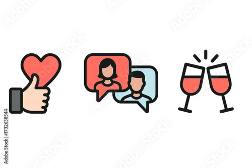 Dating app icon pack. Match, chat, date concept. Like button with heart, male and female avatar in speech bubble, wine glass toast. Love and relationship vector icons.