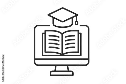 Online education, e-learning, webinar, tutorial, distance learning, digital courses concept. Thin line icon with computer screen, open book and academic graduation hat. Vector.