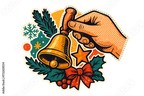 Merry Christmas collage paper sticker. Hand holding a jingle bell. Festive retro halftone design for holiday greetings. Winter celebration cartoon vector illustration isolated.