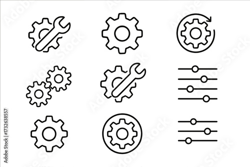 Settings line icon set. Gear and cog mechanism. Configuration, preferences, and options. Control panel with sliders. Wrench for repair and setup. Technical support vector.