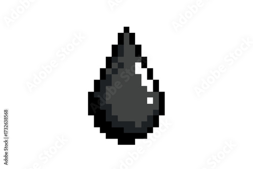 Pixel art oil drop icon. 8-bit retro video game sprite of a black liquid droplet. Vector symbol for petroleum, fuel, gasoline, and energy industry. Shiny crude oil graphic.