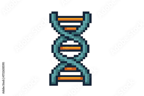 Pixel art DNA icon for retro 8-bit game. Vector illustration of a genetic symbol. Science and biology concept. Double helix structure for biotechnology and medical research.