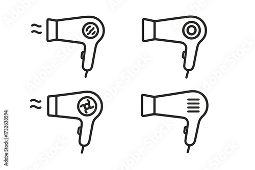 Hairdryer line icon set. Simple blow dryer outline pictogram collection. Hair care, beauty salon symbol. Vector hairstyling grooming tool for web, apps, and graphic design.