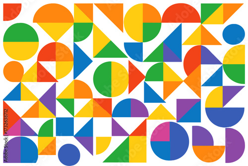 Rainbow geometric background with vibrant Pride colors, simple shapes pattern celebrating LGBT Pride month, colorful vector illustration, abstract design for equality and inclusivity