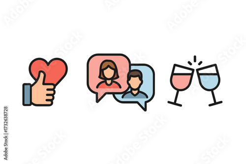 Online dating app icon set. Match, chat, and date process. Vector icons like heart, couple conversation bubbles, clinking wine glasses for finding love and romance online.