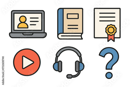 Online learning and e-learning vector icon set. Education technology concept with laptop, book, certificate, and headset. Webinar, tutorial, and online course elements. Flat cartoon.