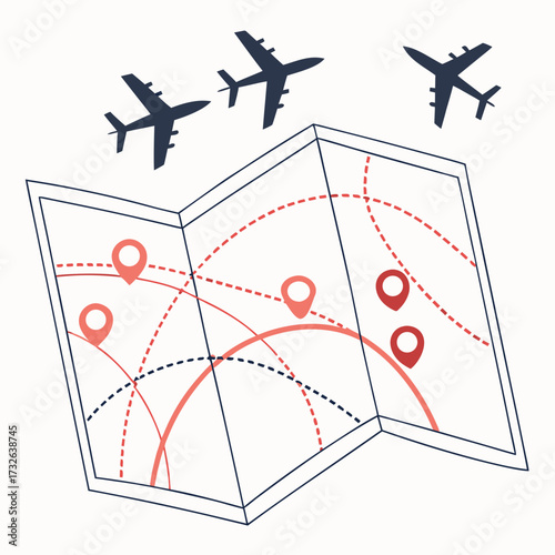 Travel map with airplanes and destination pins