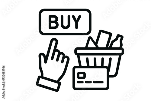 Online shopping icon for e-commerce and sales. Hand cursor clicks buy button. Add to cart, basket with goods. Credit card payment for web store checkout. Purchase concept.