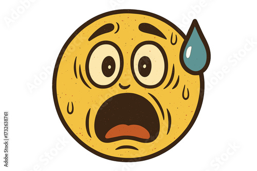 Retro vintage emoticon showing surprise and discomfort, astonished awkward smiley with open mouth, wide eyes, and large sweat drop, editable vintage emoji vector