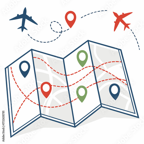 Travel map with airplanes and destination pins