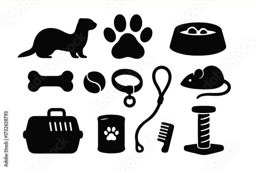 Pet supplies silhouette icon set for ferret, cat, and dog. Vector collection of animal care accessories like food, carrier, toys, leash, collar, paw, and grooming items.